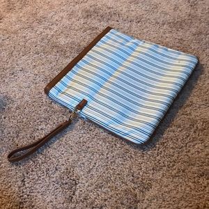 Striped foldover Teal Beige Satin Clutch